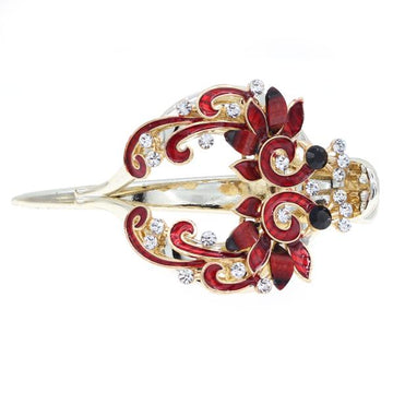 Red Enamel Hinged Hair Clip Claw Barrette w/ Rhinestones Two Peacocks